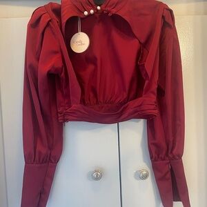 Camila Coelho Burgundy Blouse with Pearl Accents